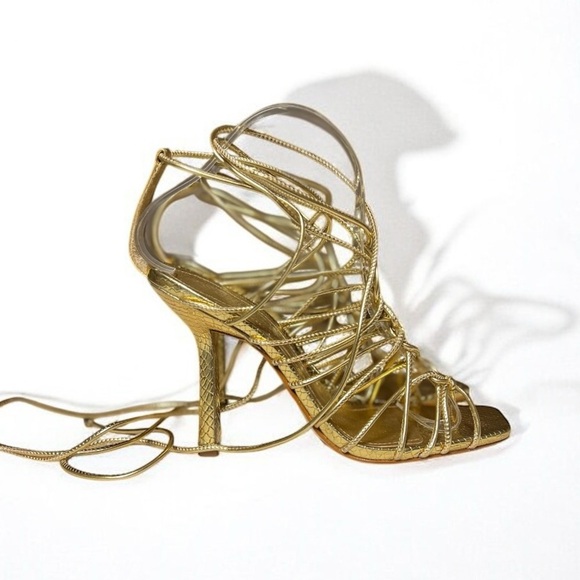 🌻 Schutz Strappy Gold Leather Snake Embossed Heyde Heels Size 8 + Box / Dust Bag - Picture 6 of 15